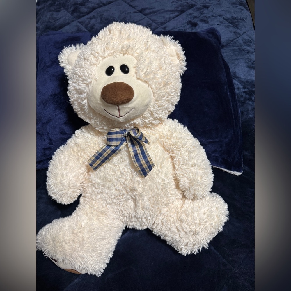 Cream Teddy Bear with Plaid Bow
